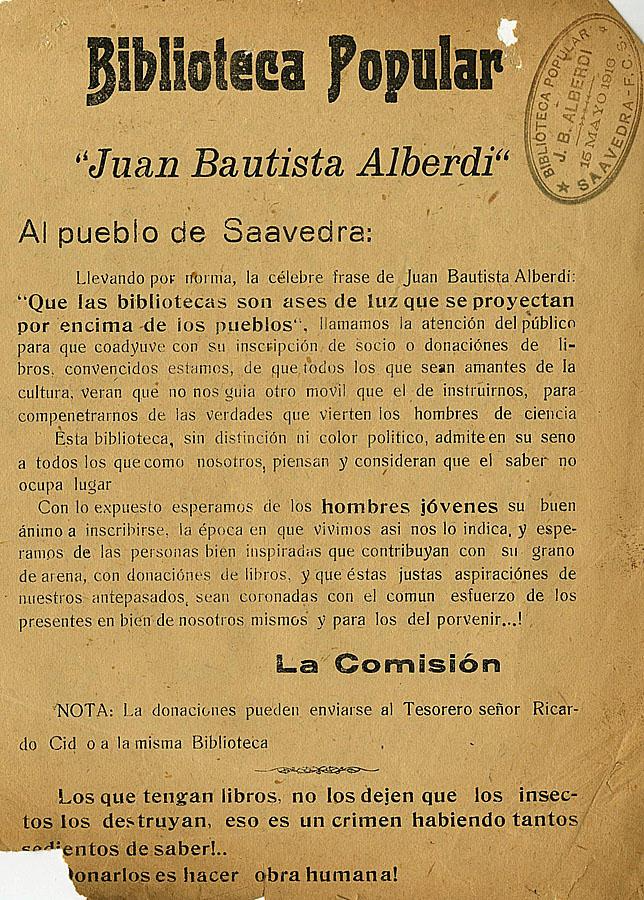 Volante de la campaña de socios y donaciones de la Biblioteca Popular “Juan Bautista Alberdi” de la localidad de Saavedra.