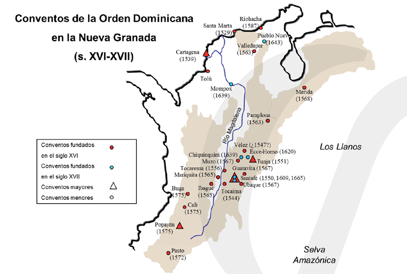 Mapa de distribución de los conventos dominicos en la Nueva Granada.